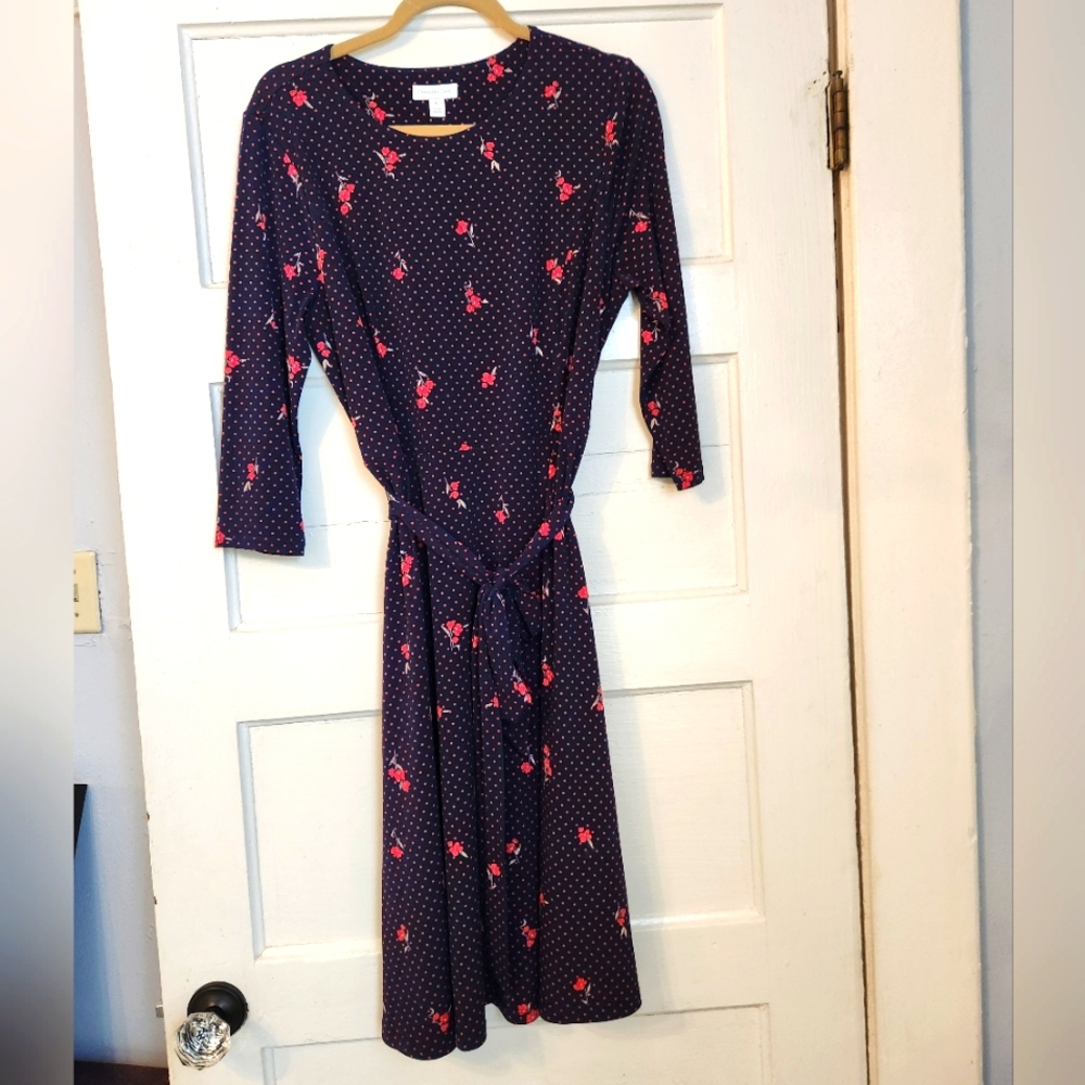 Charter Club Dress Red Navy Ditzy Floral Print, Sz Large Petite, Tie Stretch EUC